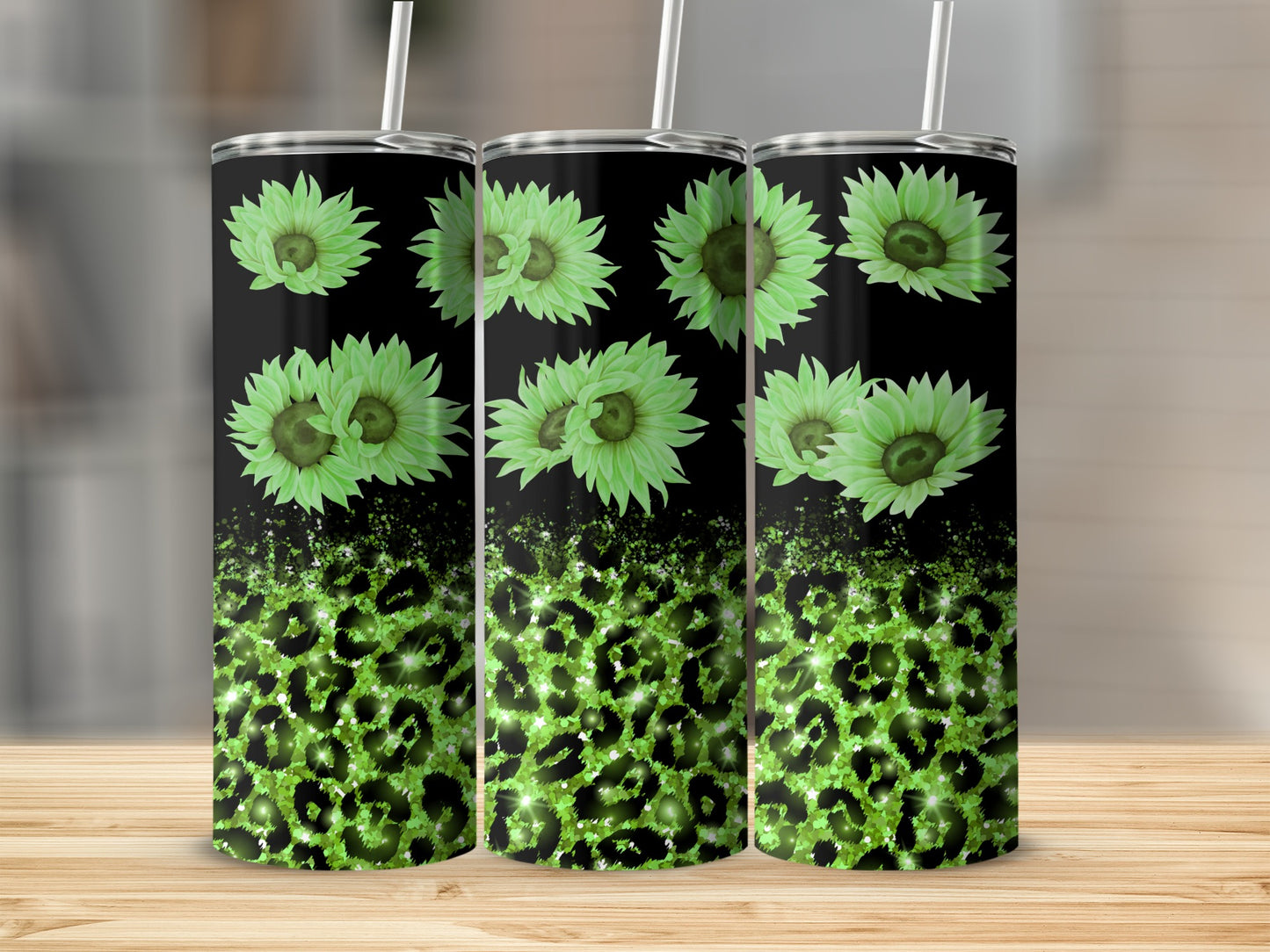 Green sunflowers with leopard print on a black tumbler.