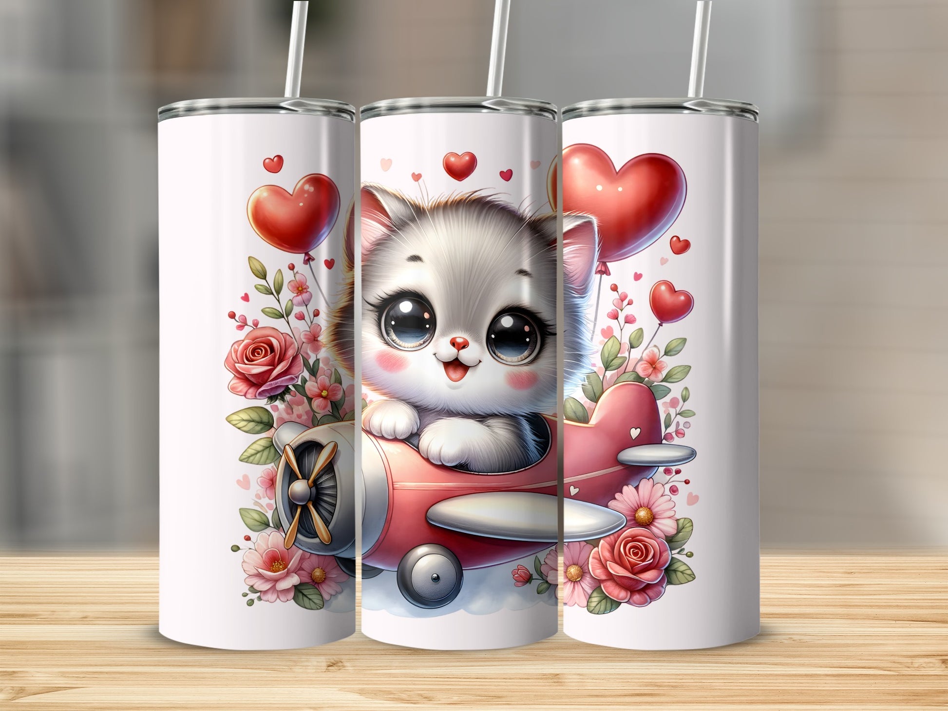 Cute kitten in airplane with hearts and roses.