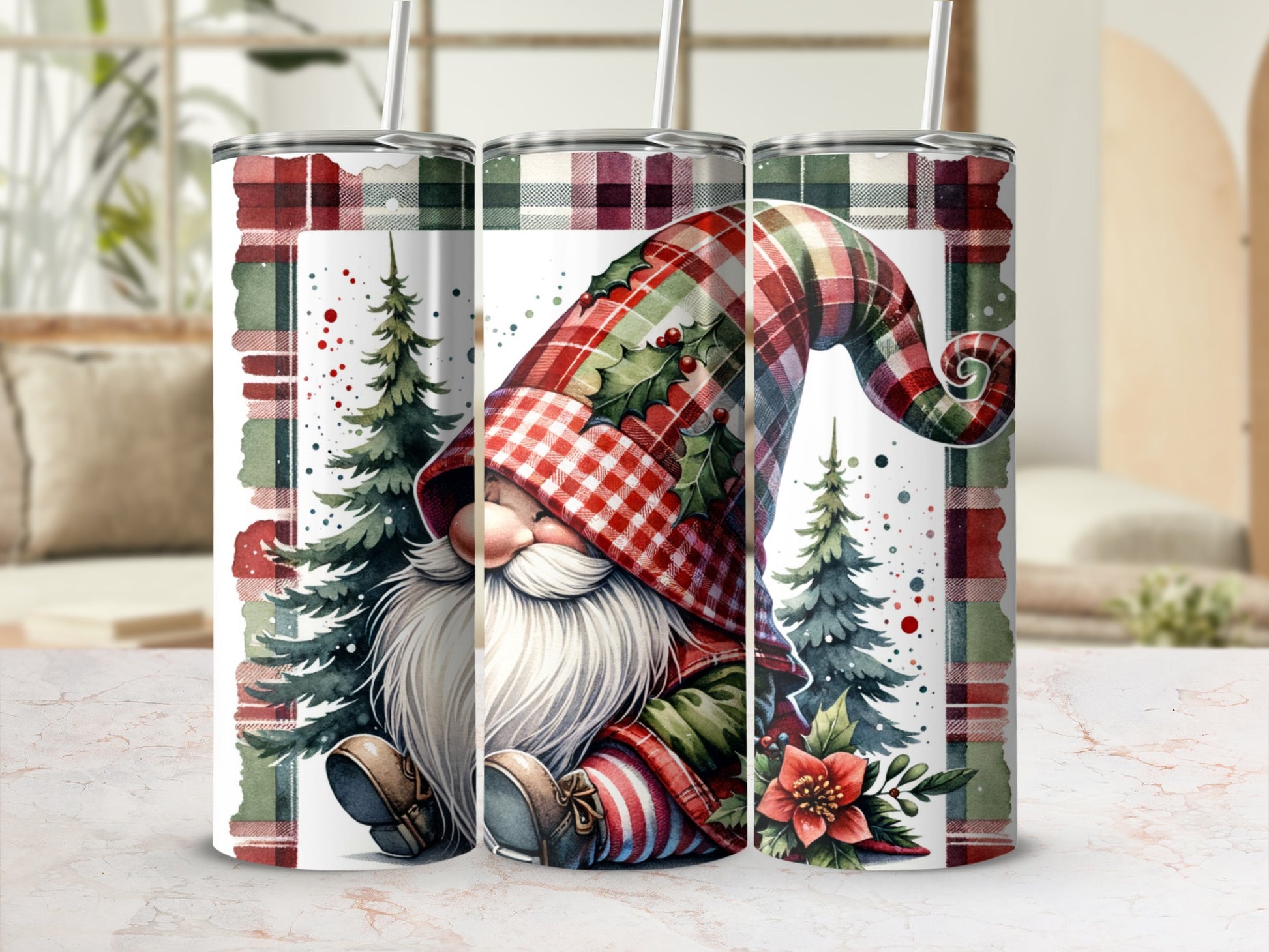 Christmas gnome with plaid hat and red accents, surrounded by pine trees.