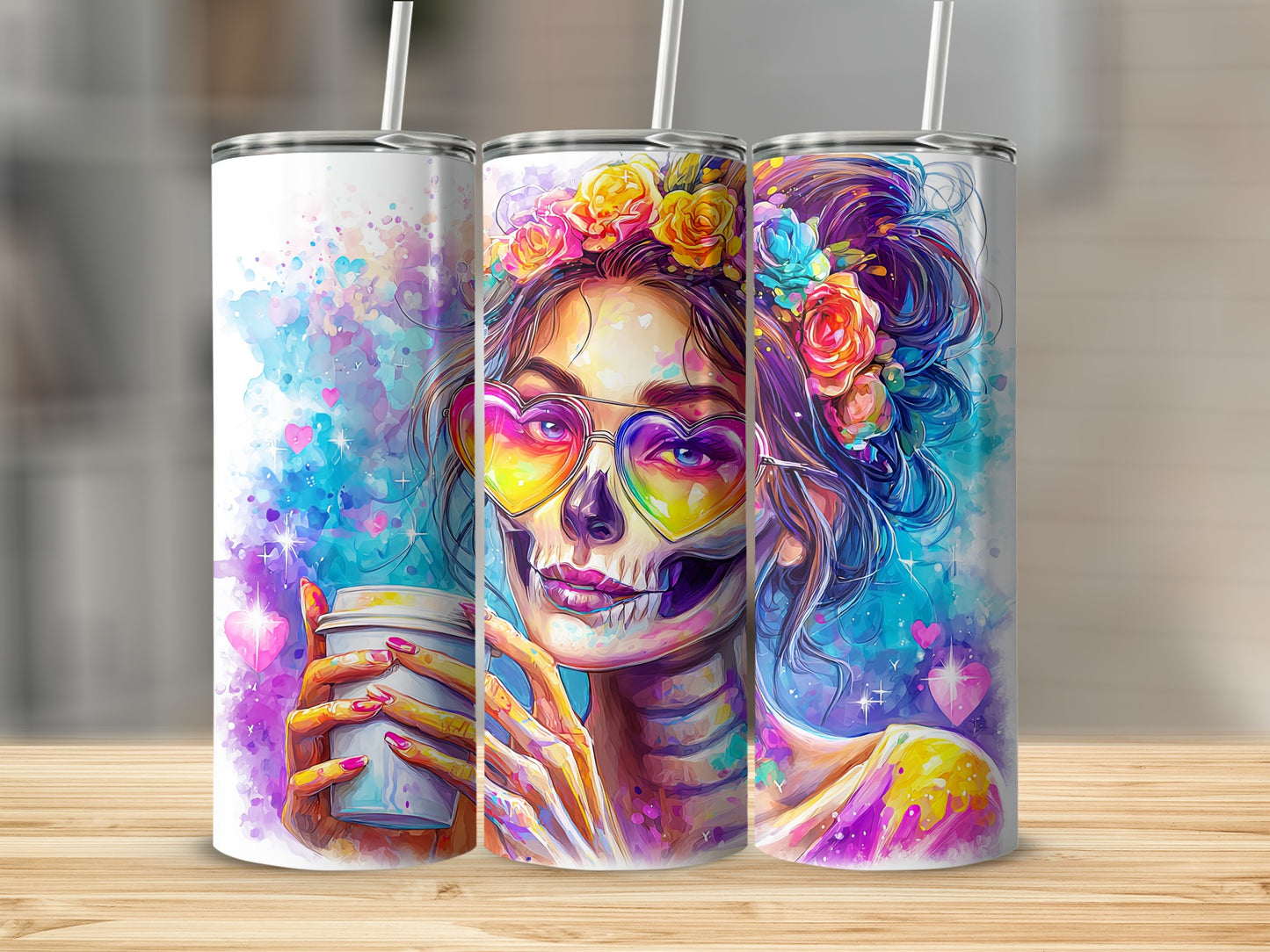 Colorful Skeleton Artwork Tumbler with Heart Sunglasses