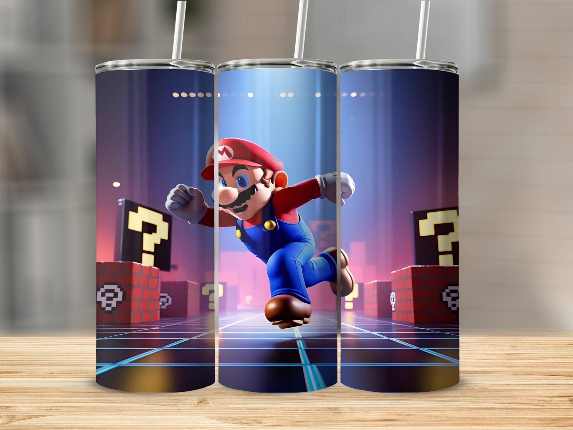 Mario running on a glowing blue grid with question mark blocks.