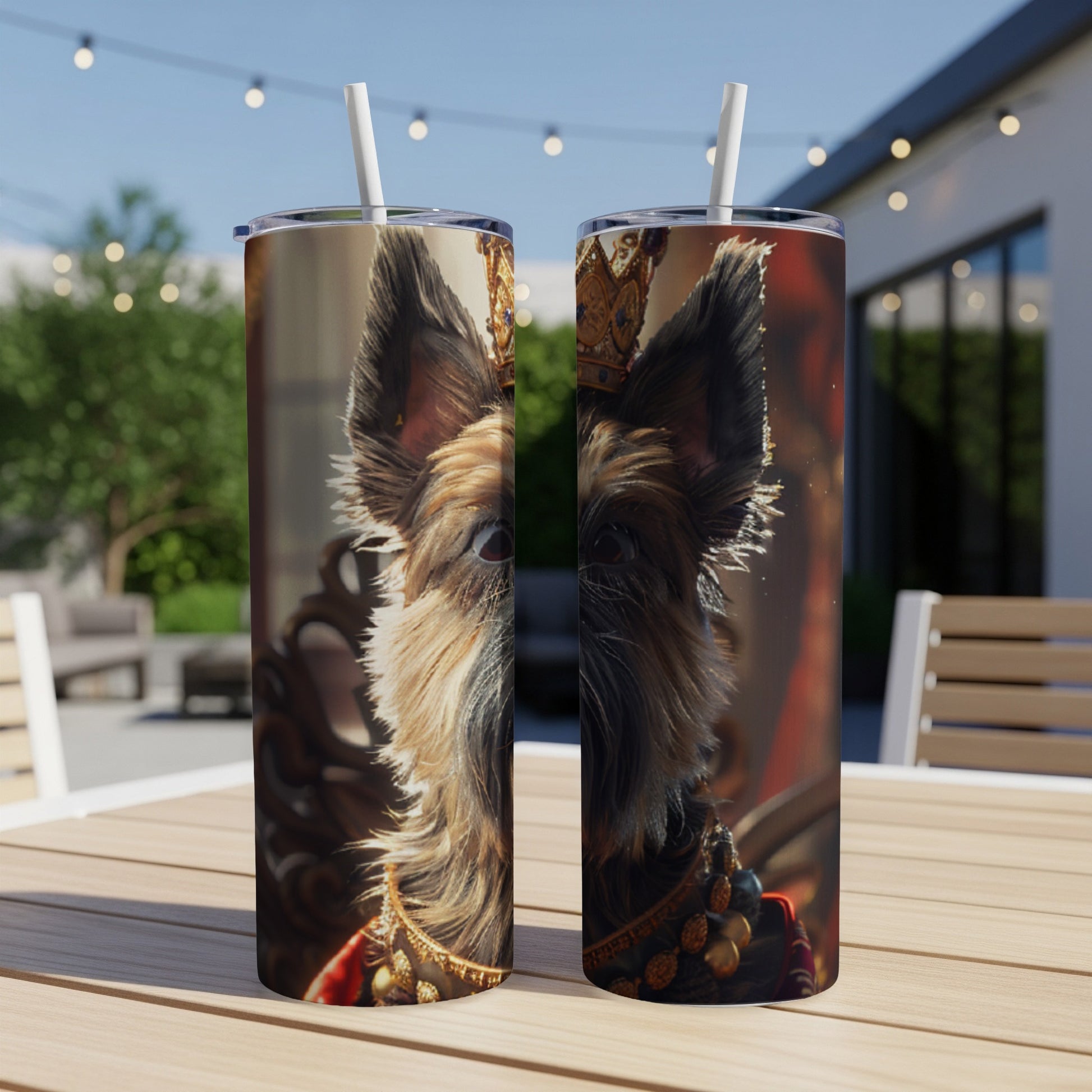 Yorkshire terrier in a crown and regal attire on two tumblers.