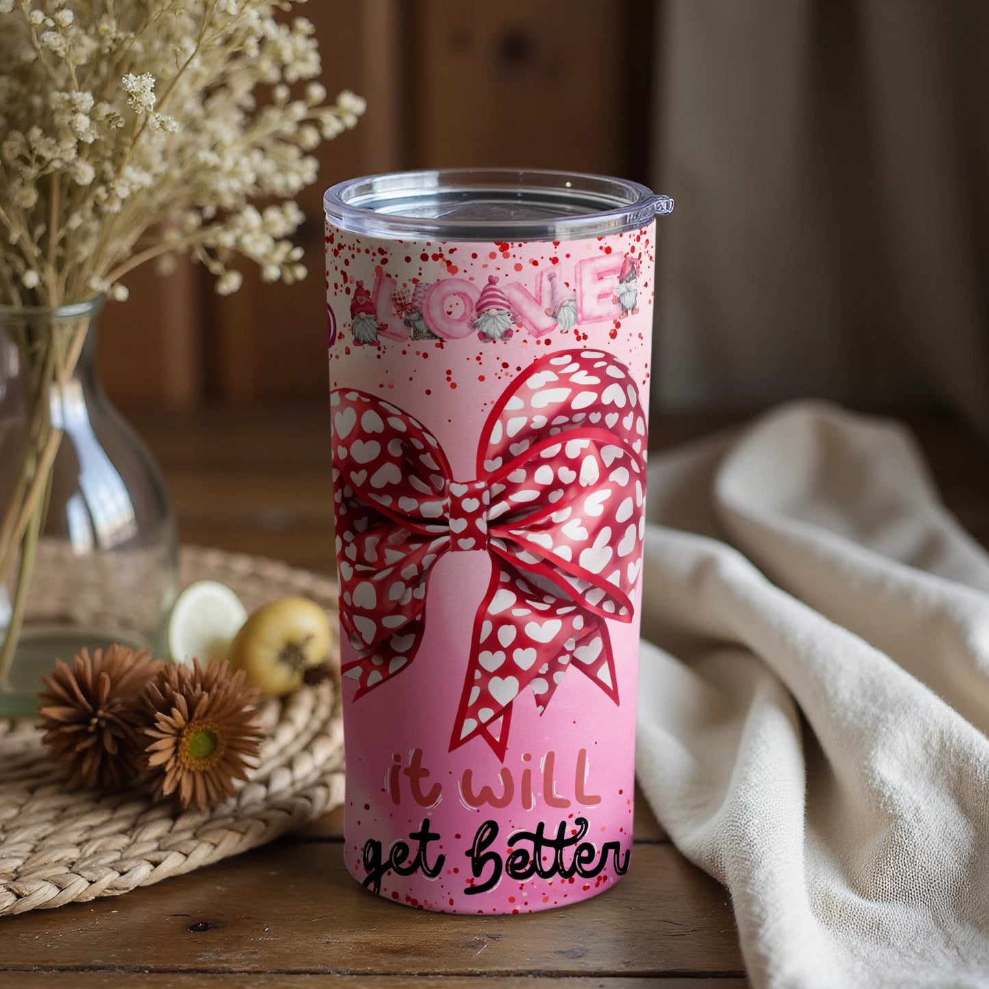 Pink Floral Motivational Travel Tumbler with Red Bow Decor