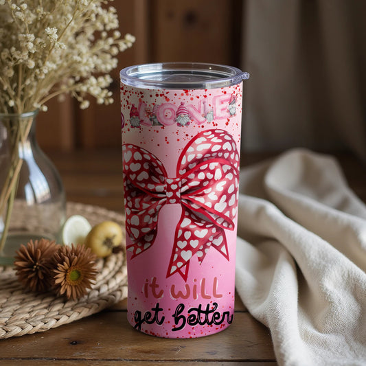 Pink Floral Motivational Travel Tumbler with Red Bow Decor