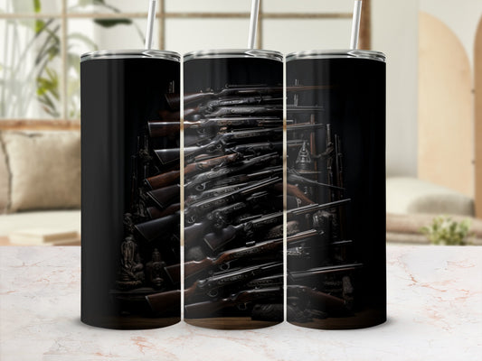 Tumbler with a detailed pattern of antique firearms and decorative elements.