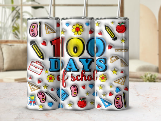 Tumbler with "100 Days of School" design and school-themed icons.