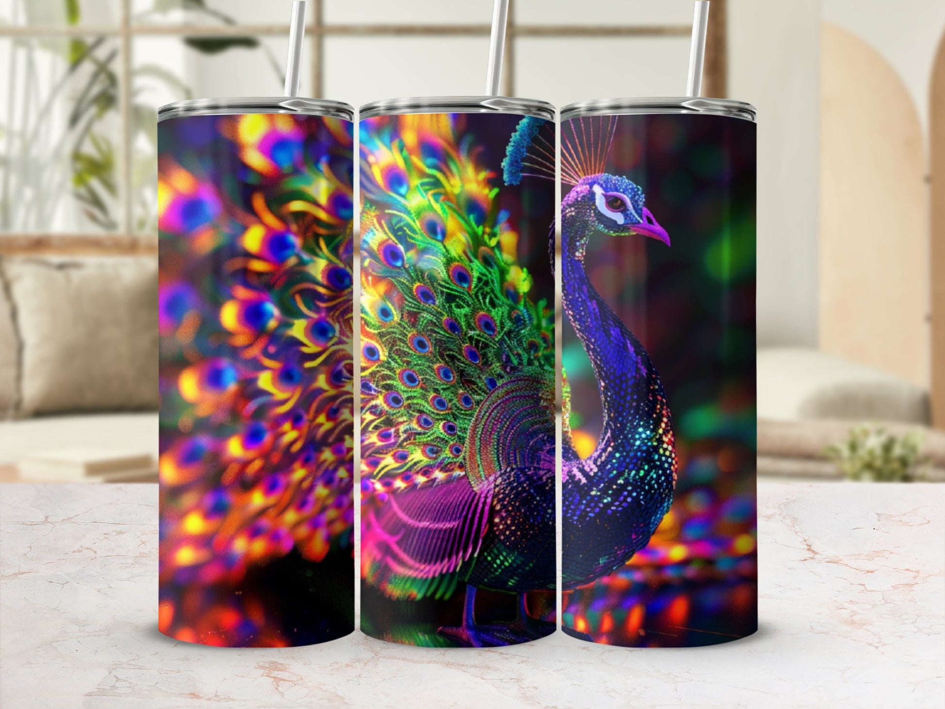 Tumbler with vibrant, iridescent peacock feather design.