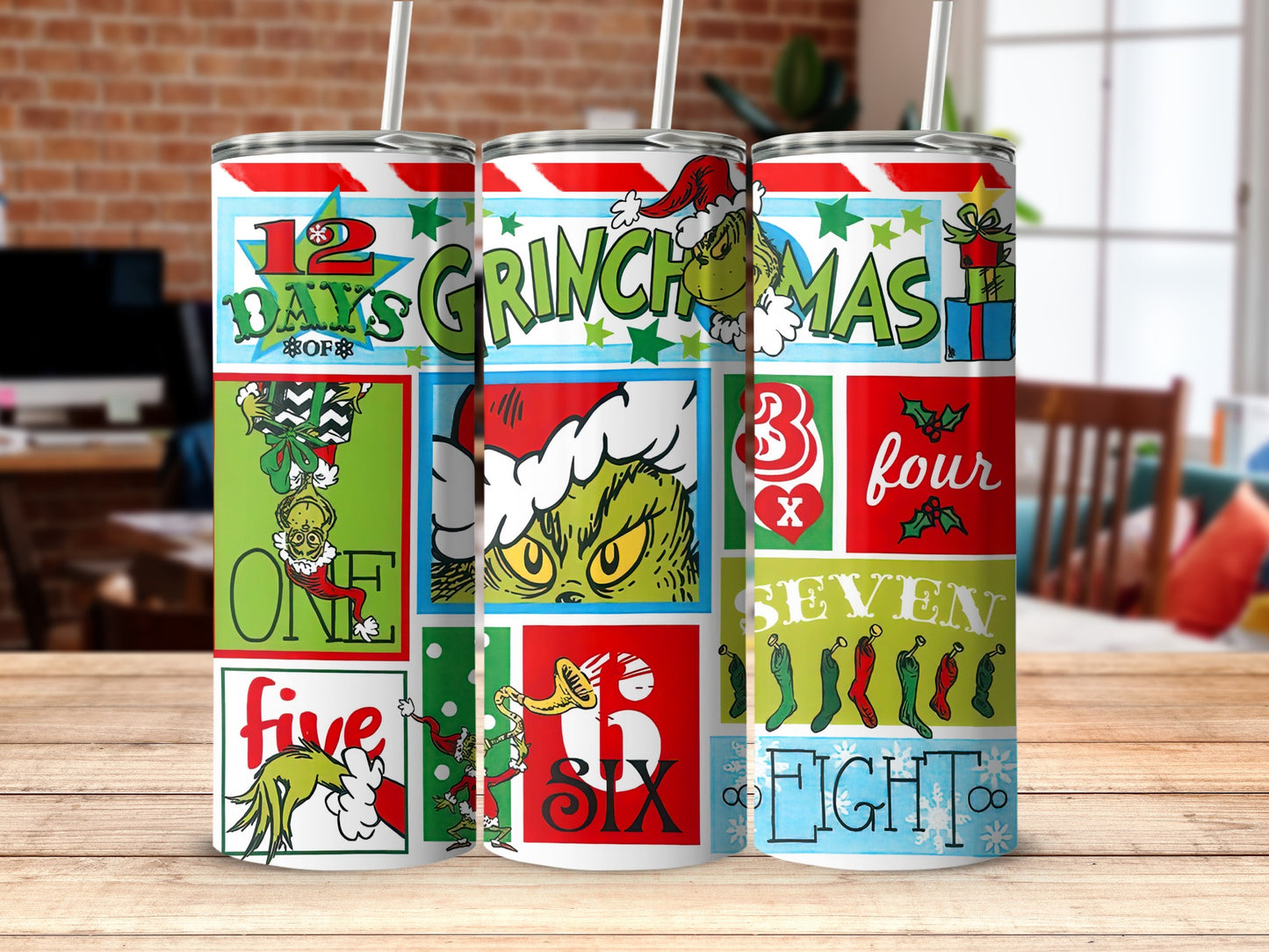 Grinch Christmas 12 Days countdown tumbler with colorful character graphics and numbers.