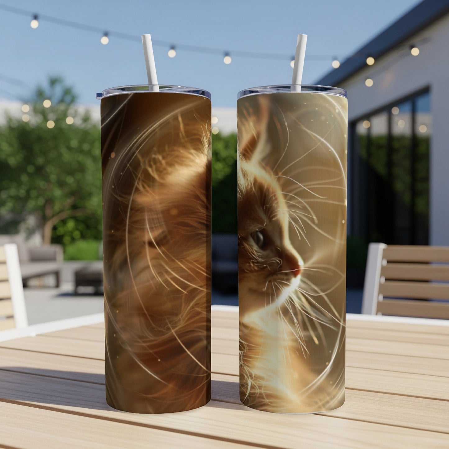 Two tall tumblers featuring a close-up illustration of a ginger cat's face.