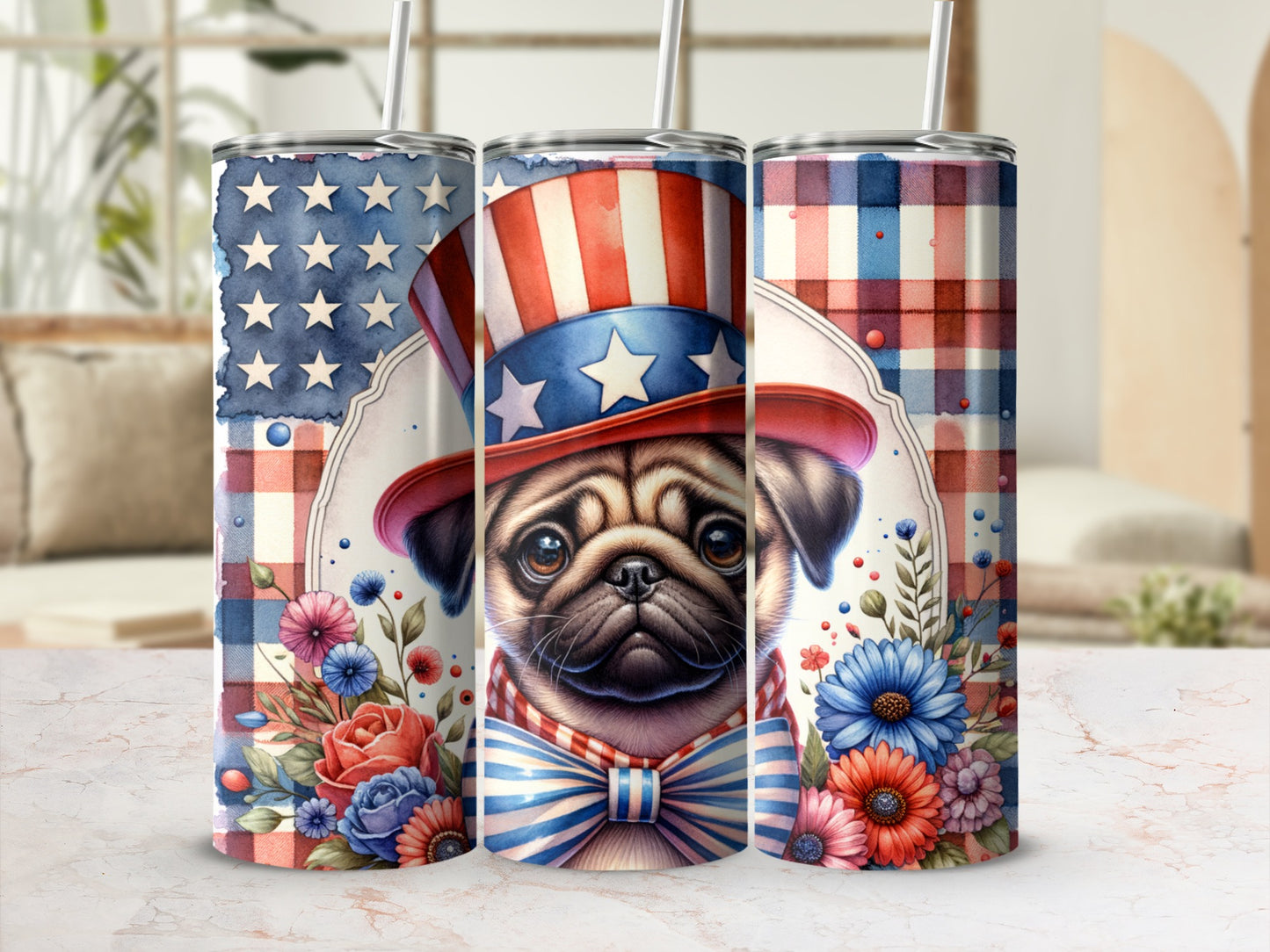 Patriotic pug in a hat and bowtie with floral accents.