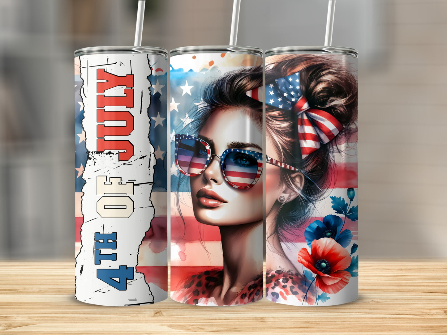 3D illustration of patriotic tumblers with American flag and woman's portrait.