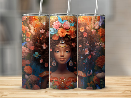 Three tumblers featuring a woman with flowers in her curly hair.