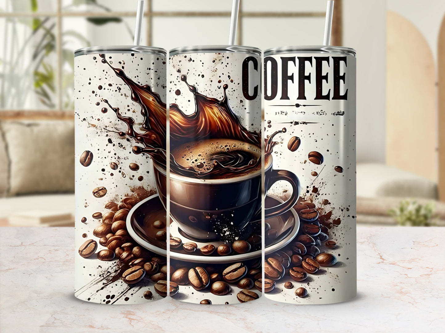 Coffee Art Tumbler with Splash and Beans Graphic