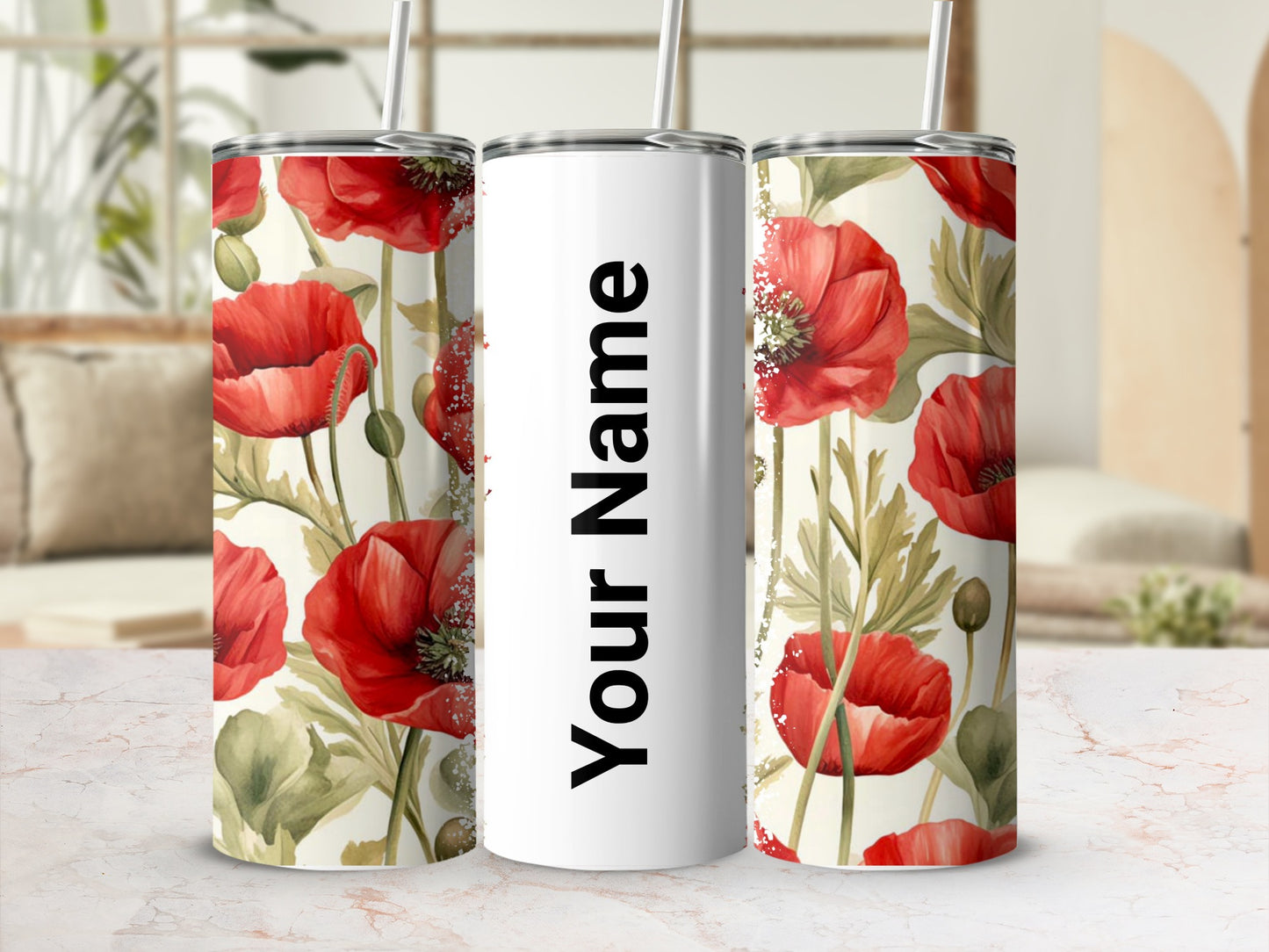 Custom Floral Poppy Design Tumbler with Name