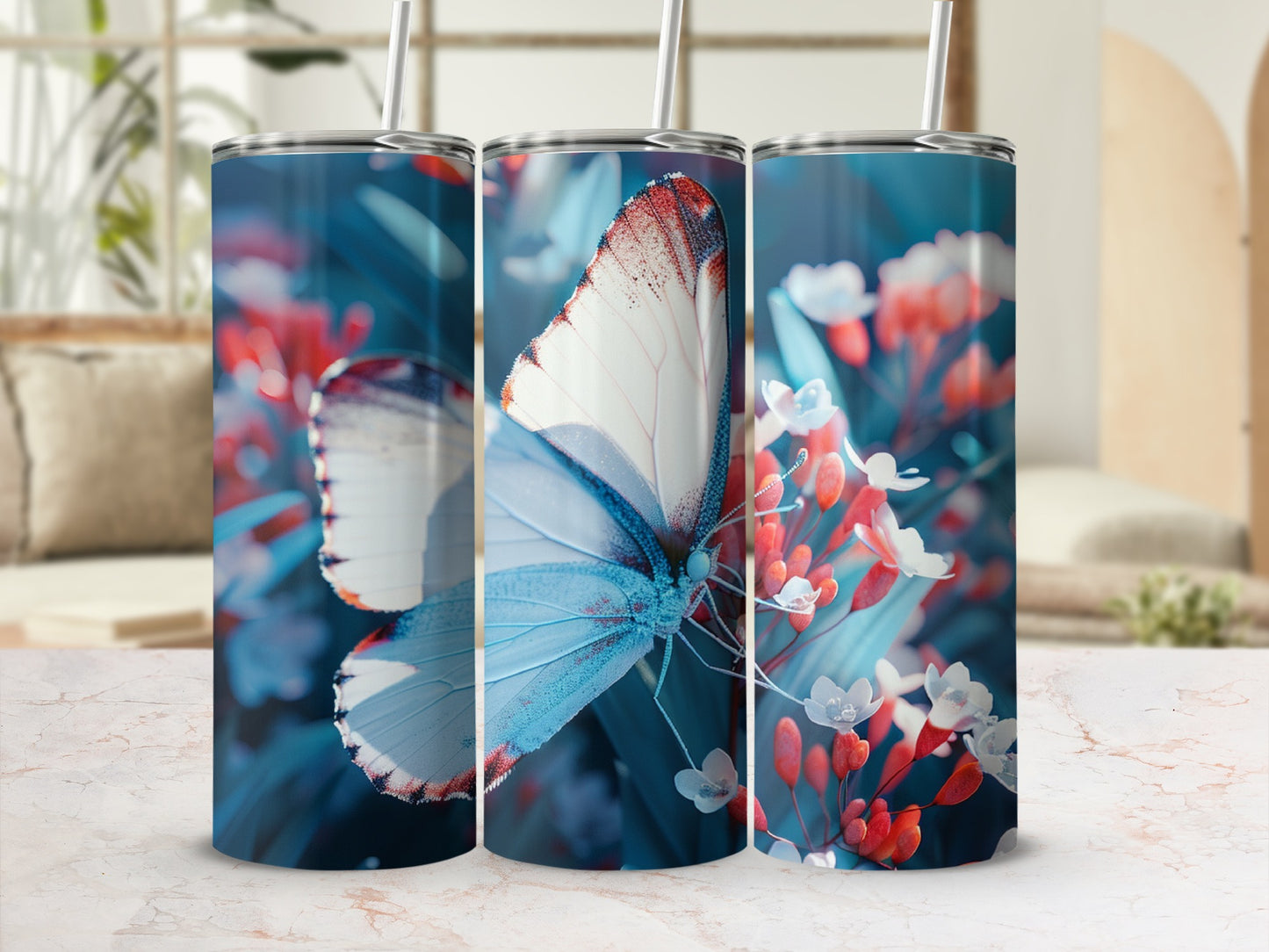 Blue and white butterfly on pink flowers, printed on a skinny tumbler.