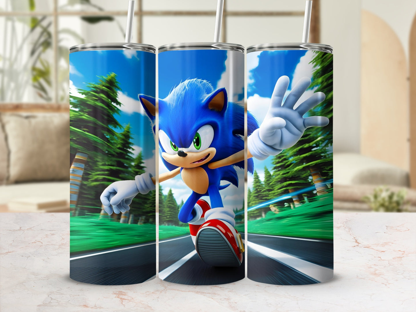 Sonic the Hedgehog running on a blurred road with pine trees.