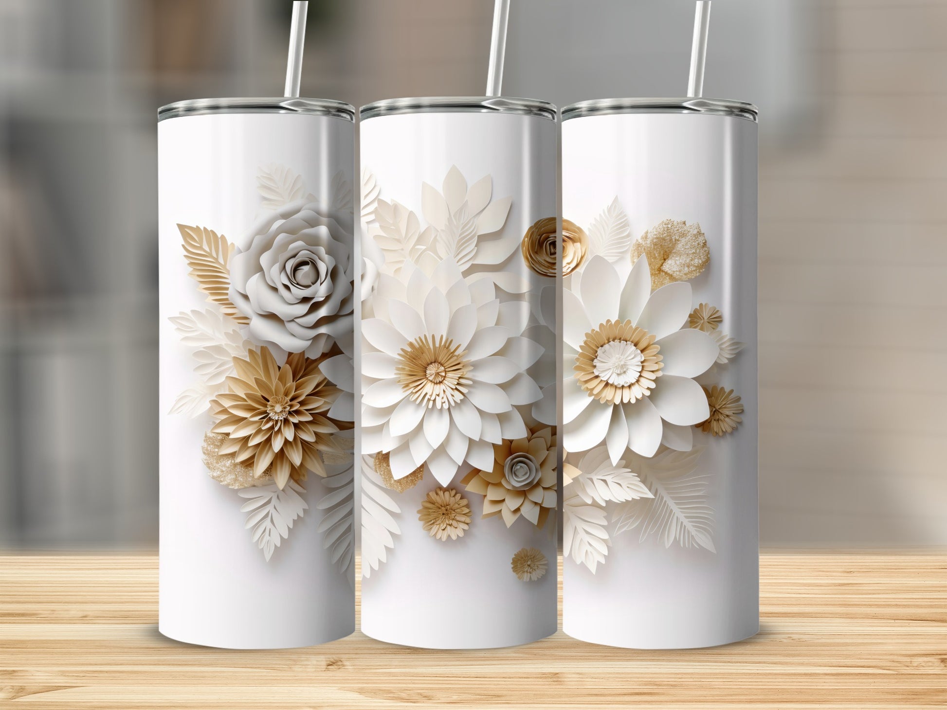 Elegant White and Gold Floral Design Drinkware Tumblers