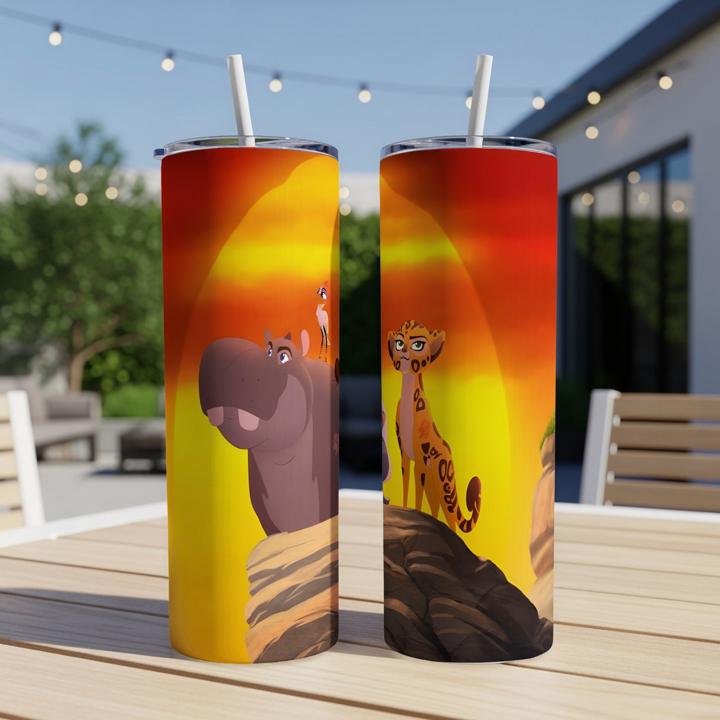Kion and Bunga from The Lion Guard on a vibrant sunset background.