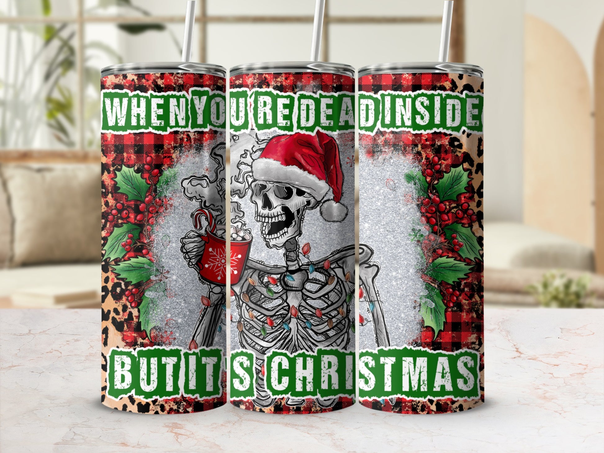 Skeleton in Santa hat holding mug, "When you're dead inside, but it's Christmas."