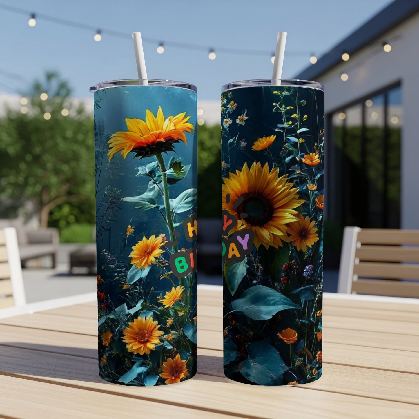 Two tumblers with sunflowers and "Happy Birthday" text on a table outdoors.