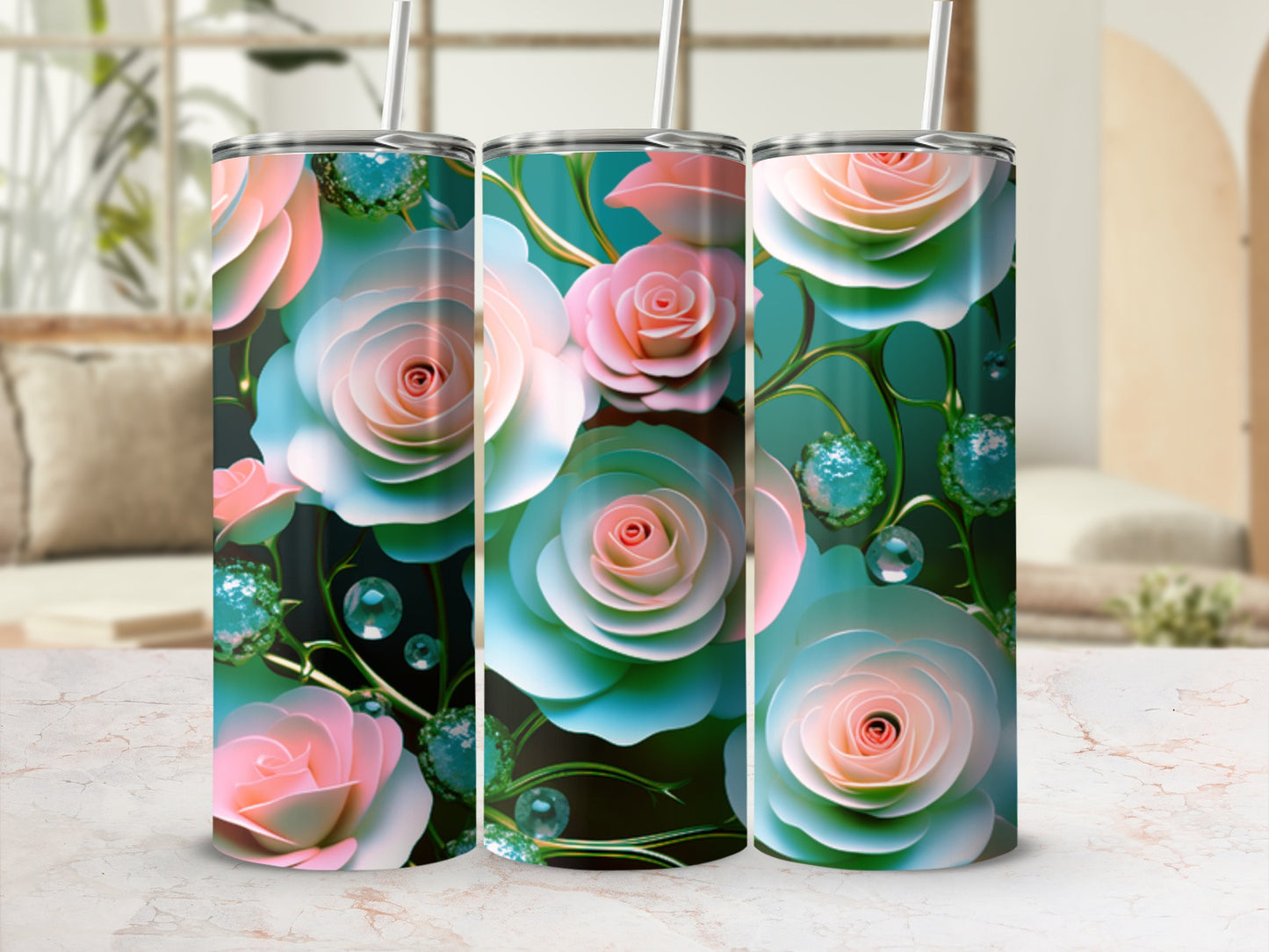 Pink and teal rose floral design on a cylindrical tumbler.