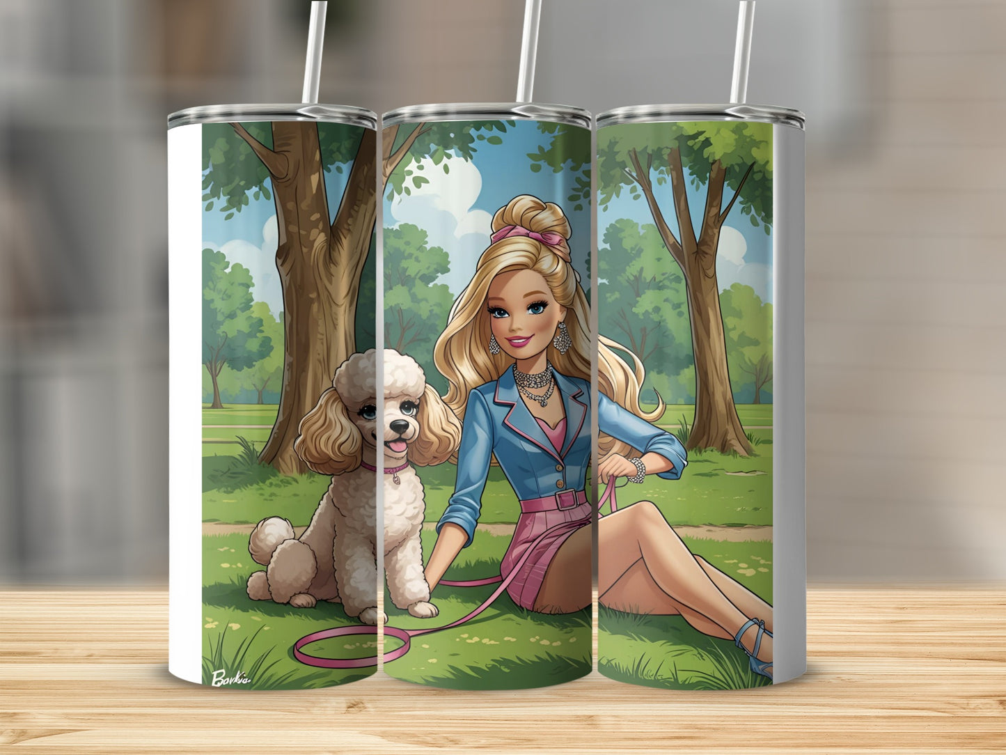 Barbie with a poodle in a park, sitting on grass.
