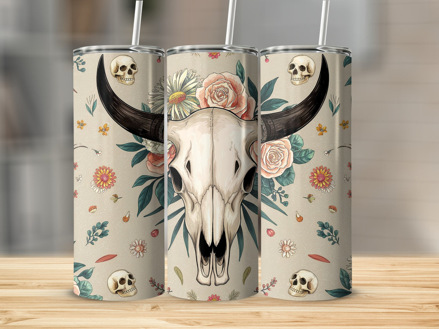 Cow skull with flowers and small skulls on a tan background.