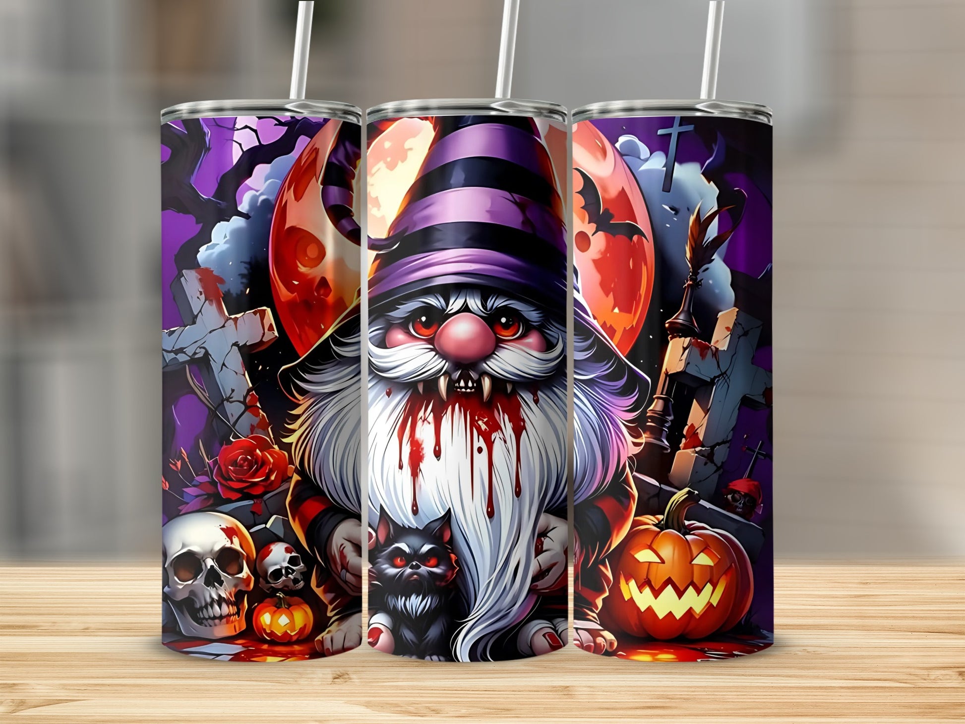 Spooky Halloween Gnome Graveyard Tumbler With Straw