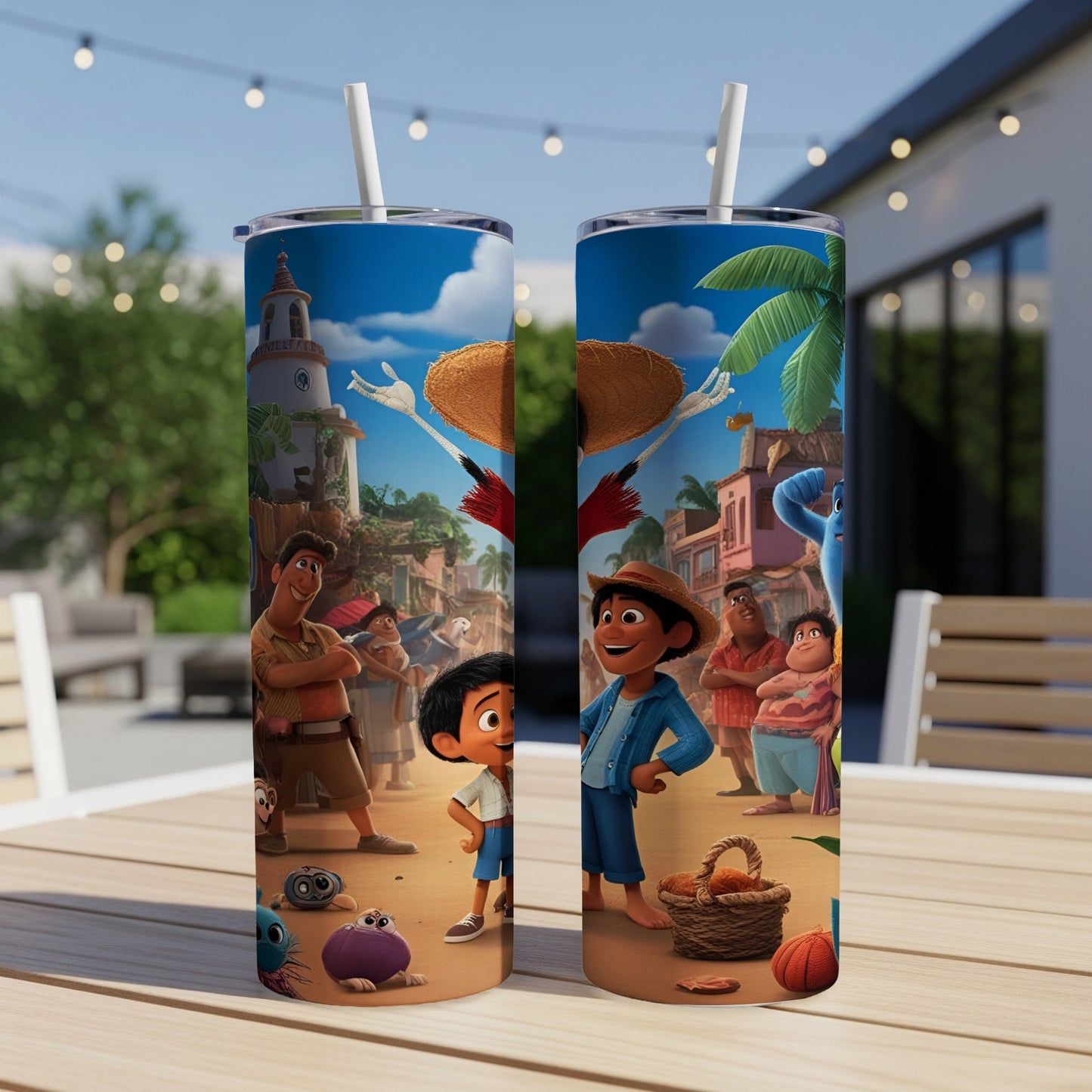 Two tumblers with characters from the movie Coco on a patio table.