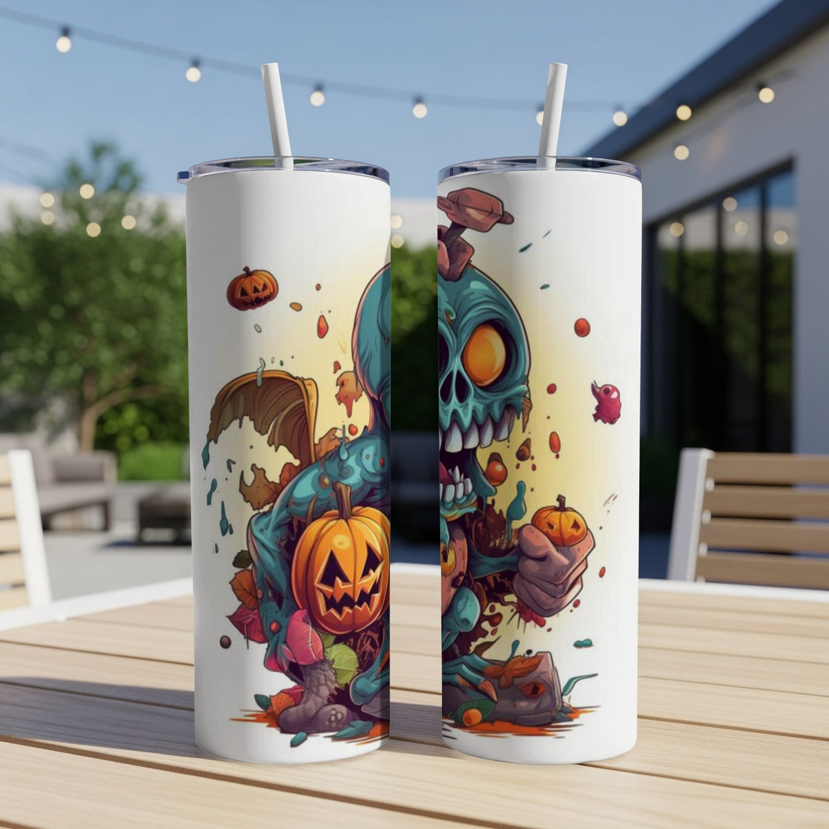 Two white tumblers with Halloween-themed cartoon zombie and pumpkin artwork.