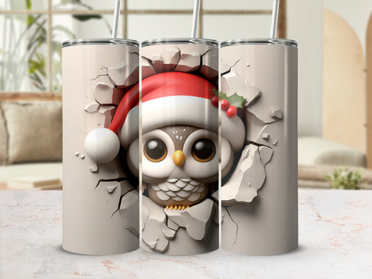 Cute owl wearing a Santa hat breaking through a cracked surface.
