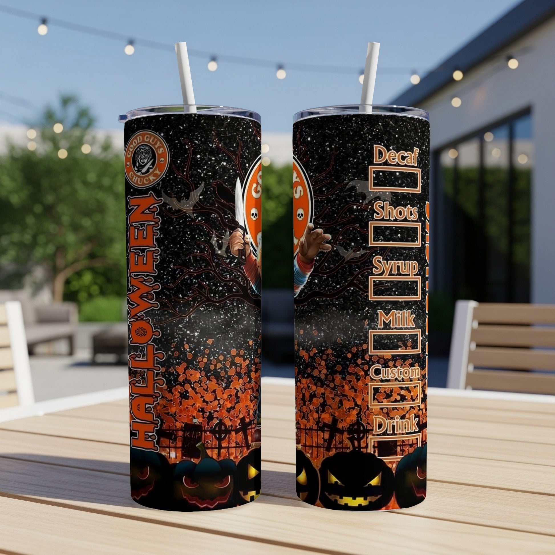 Halloween Chucky tumbler with "Good Guys" logo, gravestones, pumpkins, and drink options.