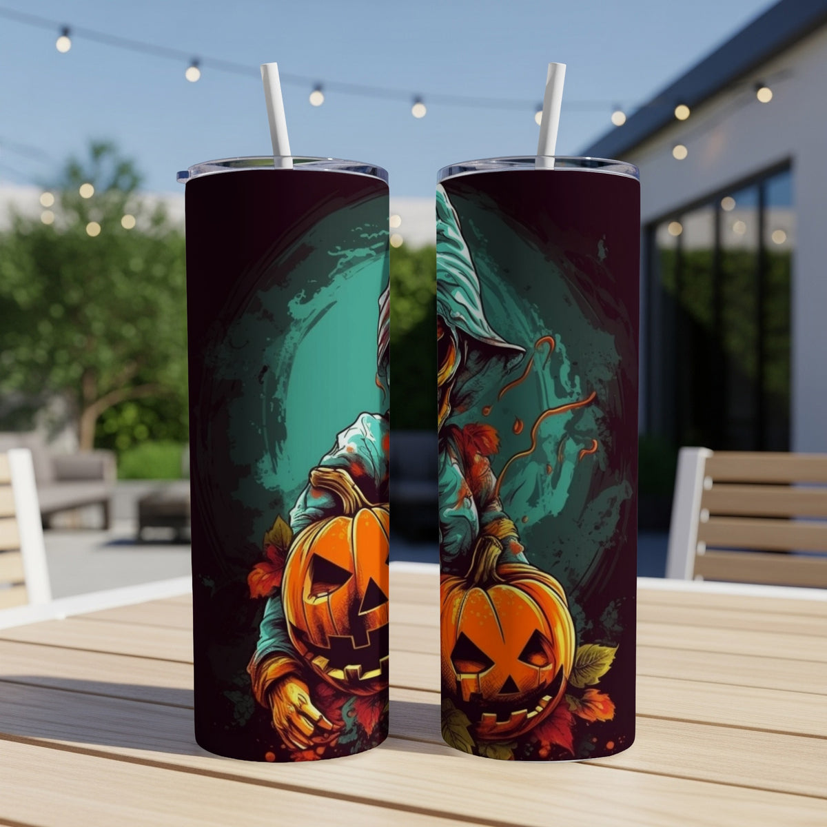 Two tumblers featuring a scarecrow holding pumpkins and autumn leaves.