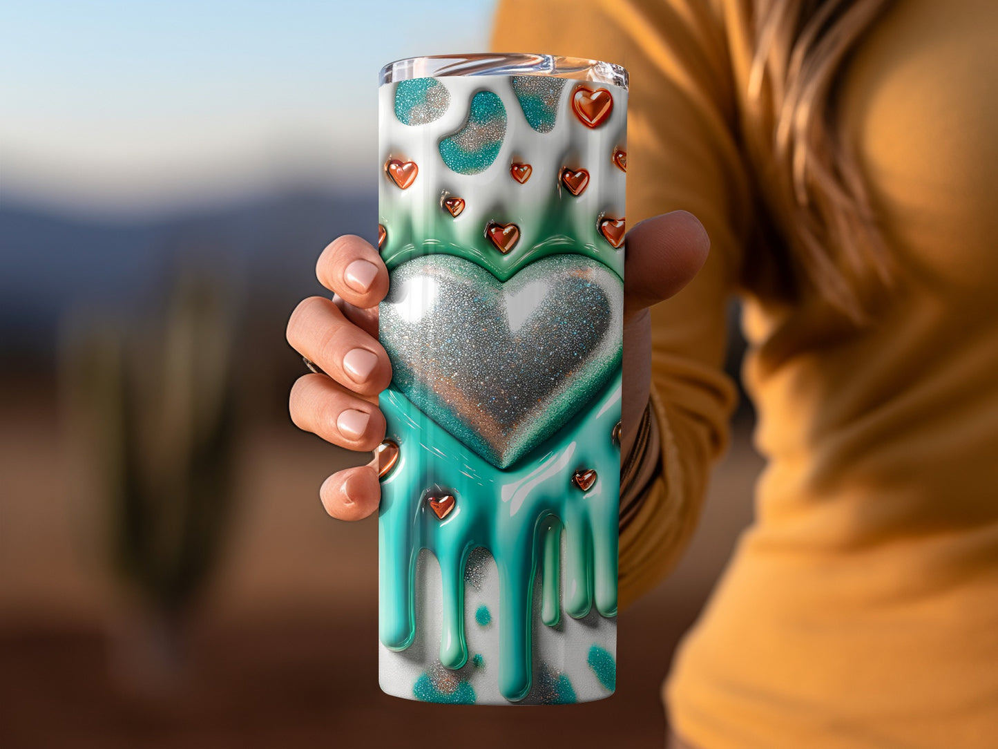 Valentine's Day! Heart Shapes Pattern Silver Heart Love Turquoise Drip with Golden Hearts and Silver Heart Tumblers