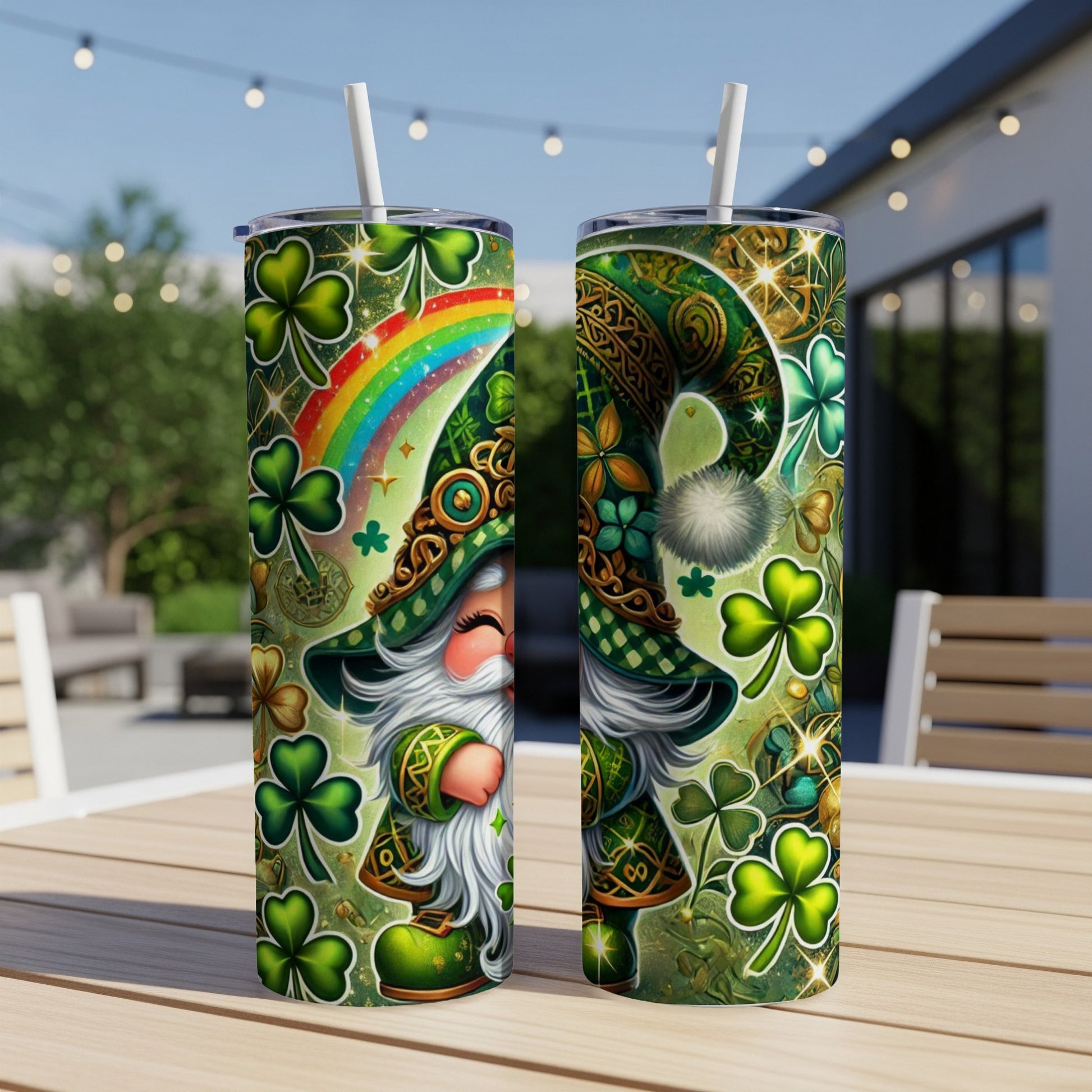 Leprechaun with shamrocks and rainbow on a green St. Patrick's Day tumbler.