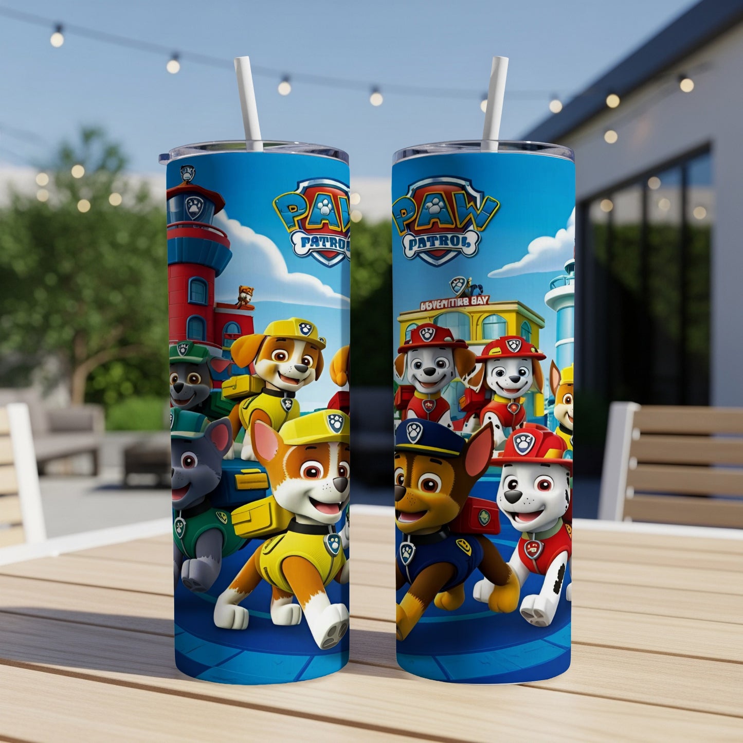 Two Paw Patrol tumblers featuring characters on a bright blue background.