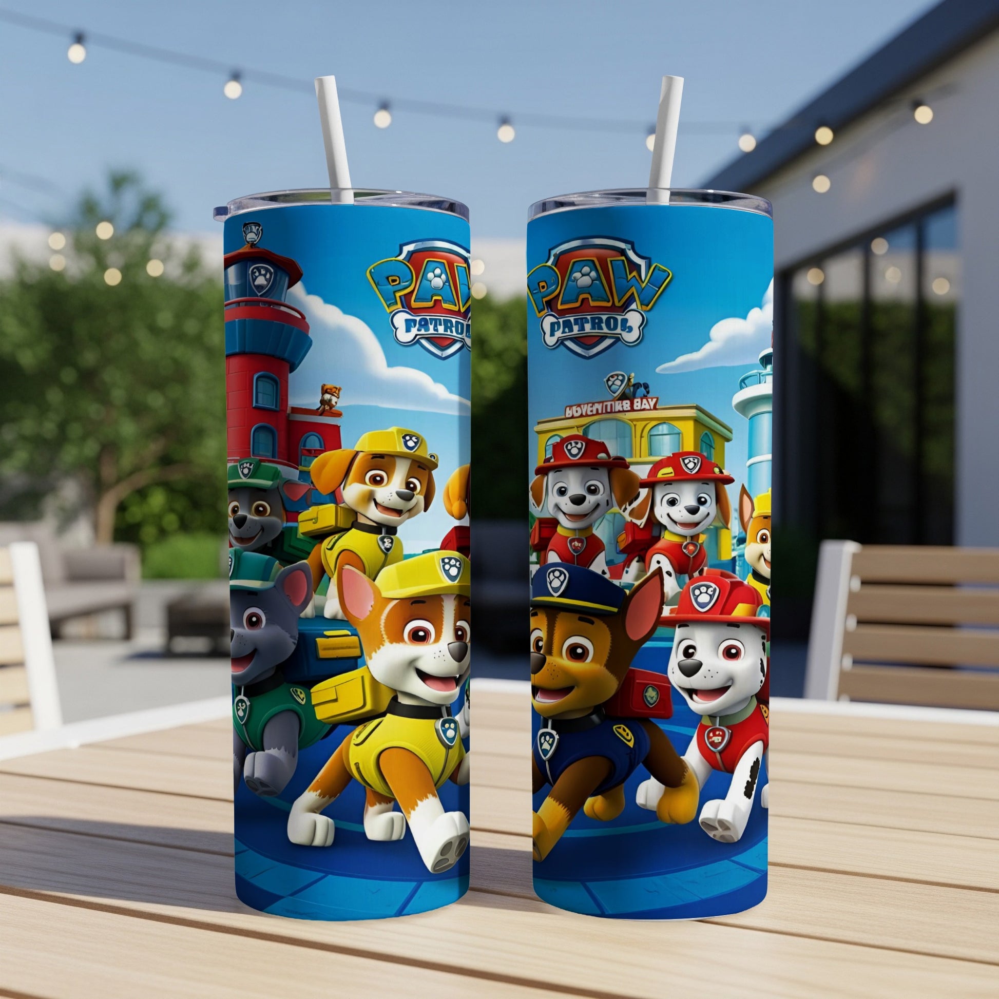 Two Paw Patrol tumblers featuring characters on a bright blue background.