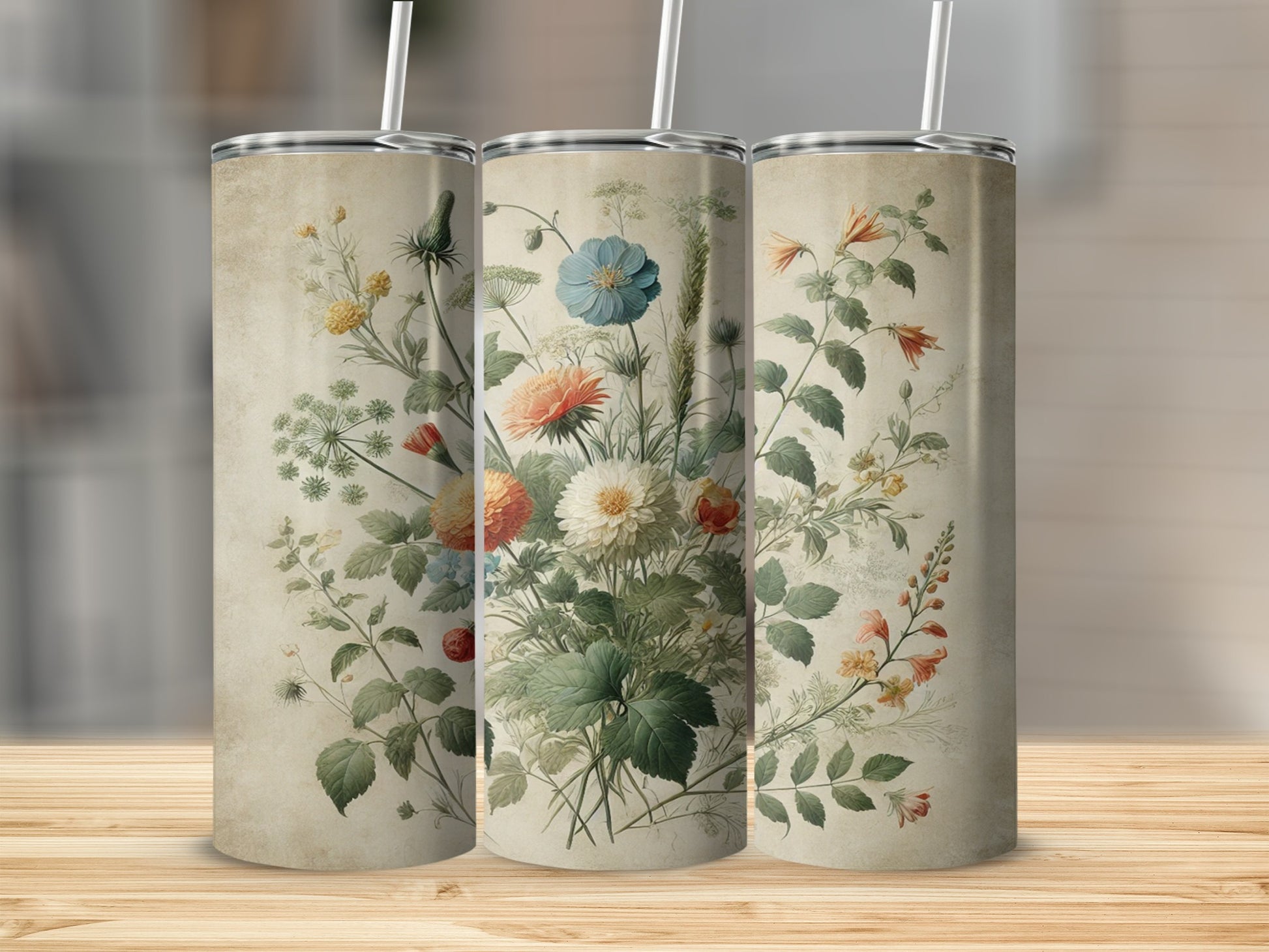 Vintage Floral Illustration Tumbler with Straw