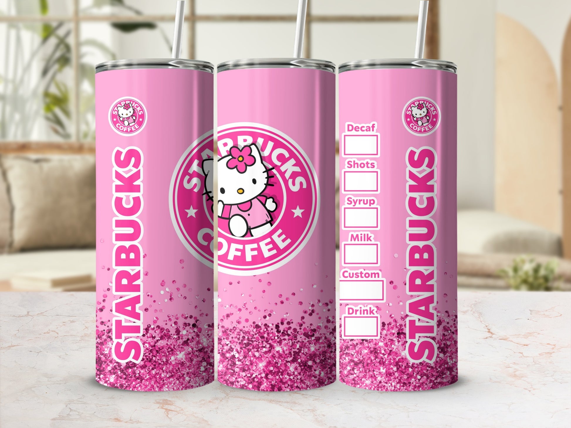 Pink Coffee Shop Theme Glitter Tumbler Custom Drink