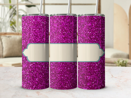 Three glitter tumblers with blank beige oval labels in a home setting.
