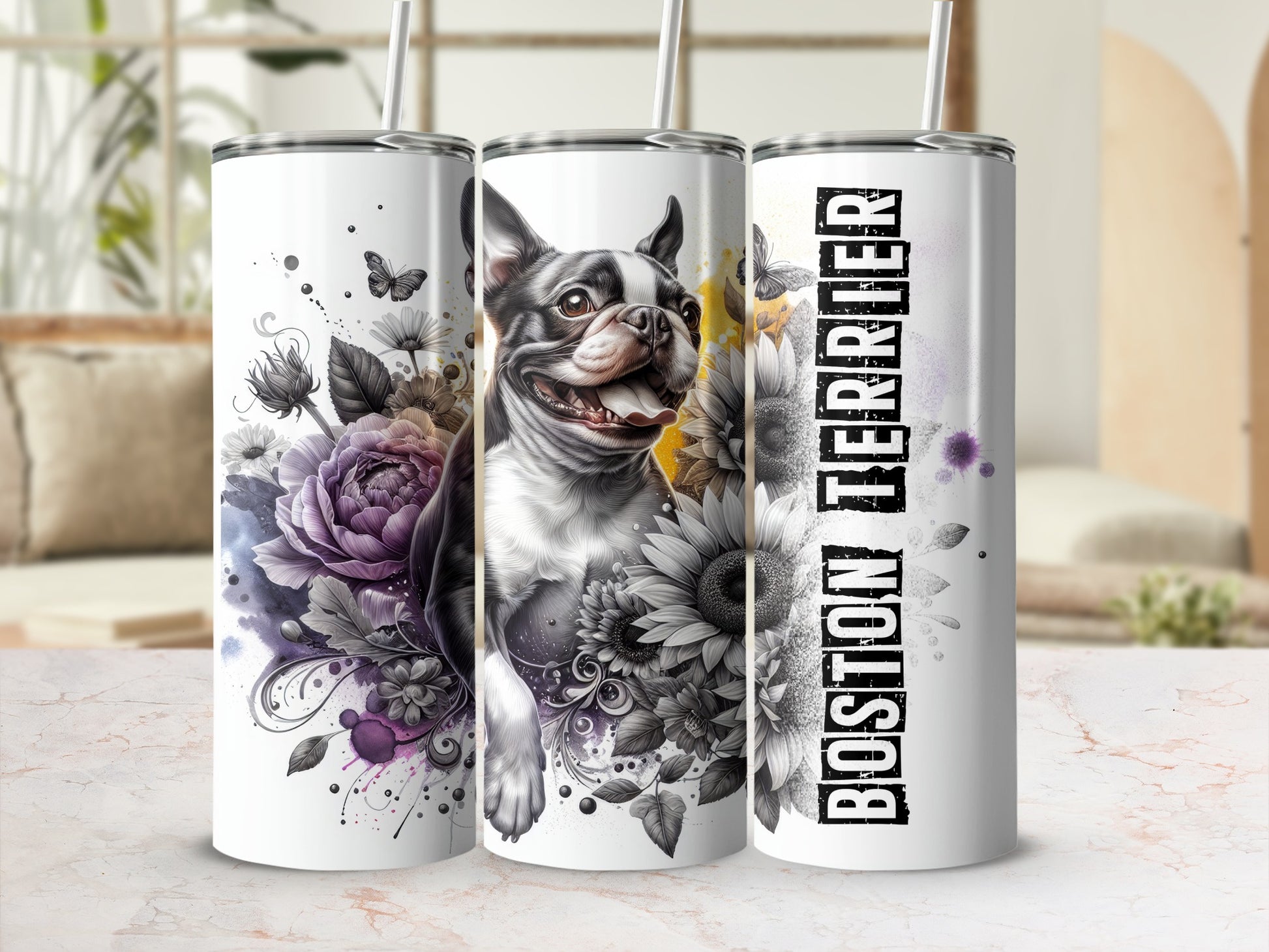 Boston Terrier with flowers on a white tumbler.