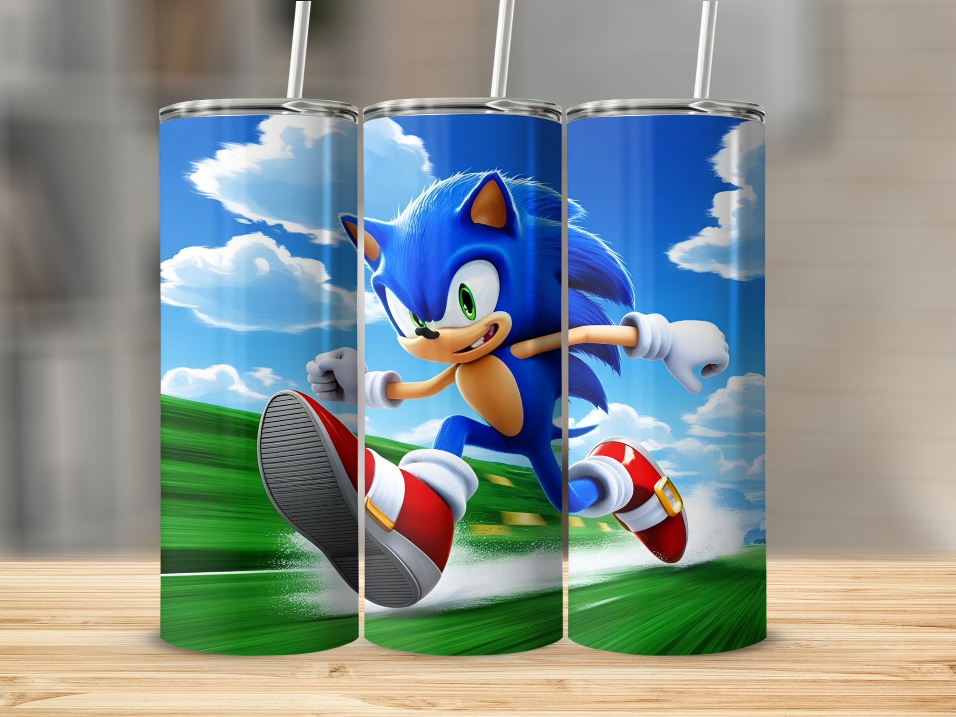 Sonic the Hedgehog running on a track with a green and blue background.