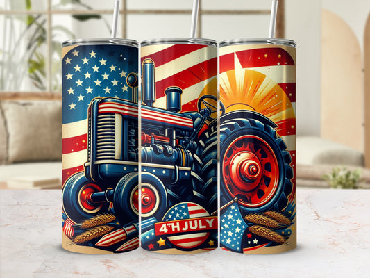 American flag tractor with wheat and 4th of July text.