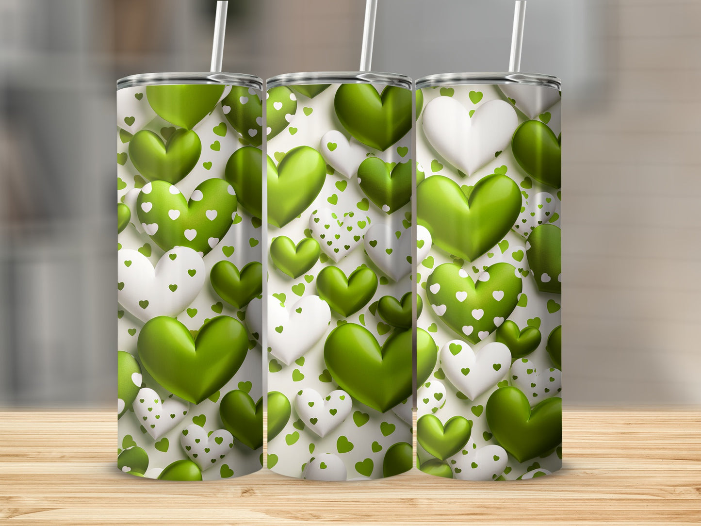 Green and White Heart Patterned Drink Tumbler