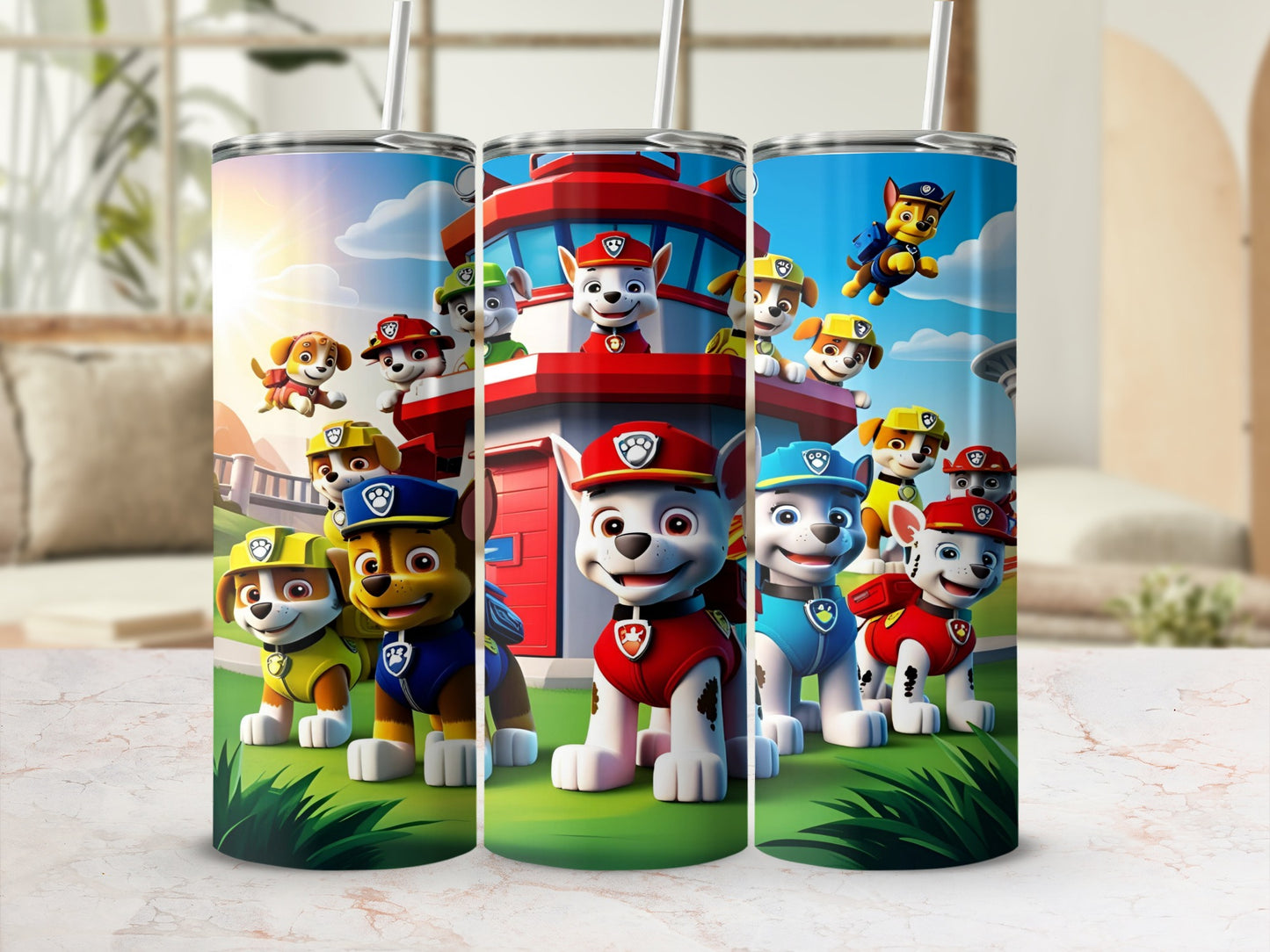 Paw Patrol characters Chase, Marshall, and Ryder standing outside a building.