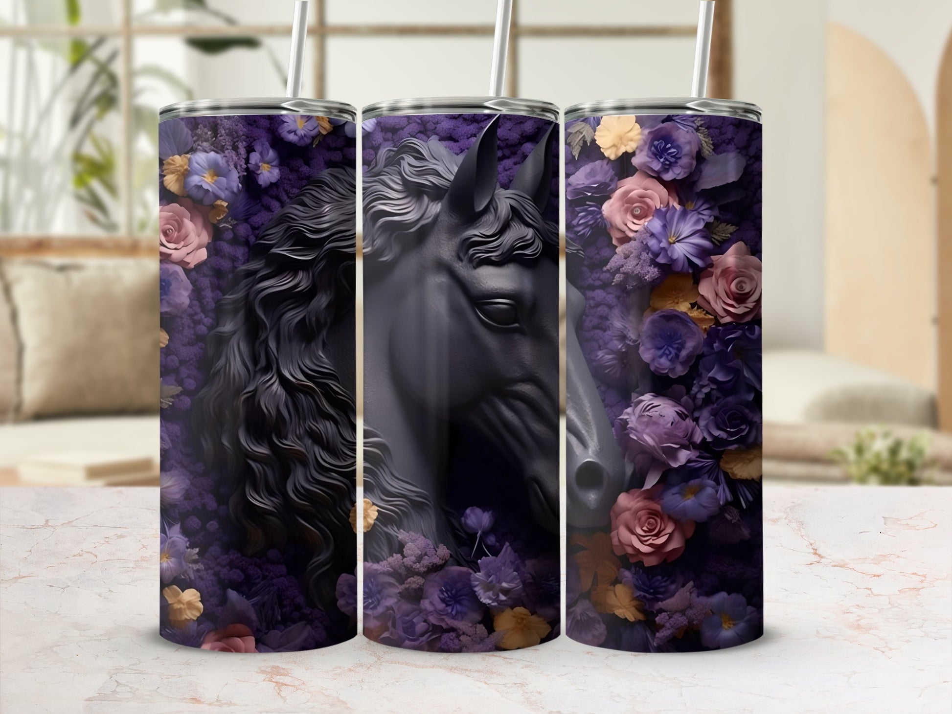 Elegant Black Horse and Floral Design Drinkware