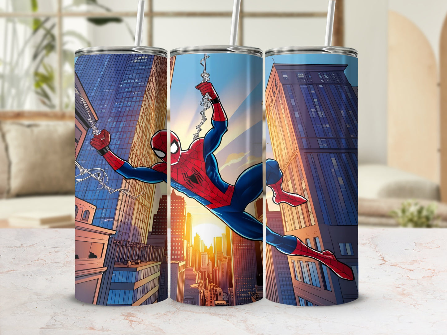Spiderman swinging through a city at sunset on a tumbler.