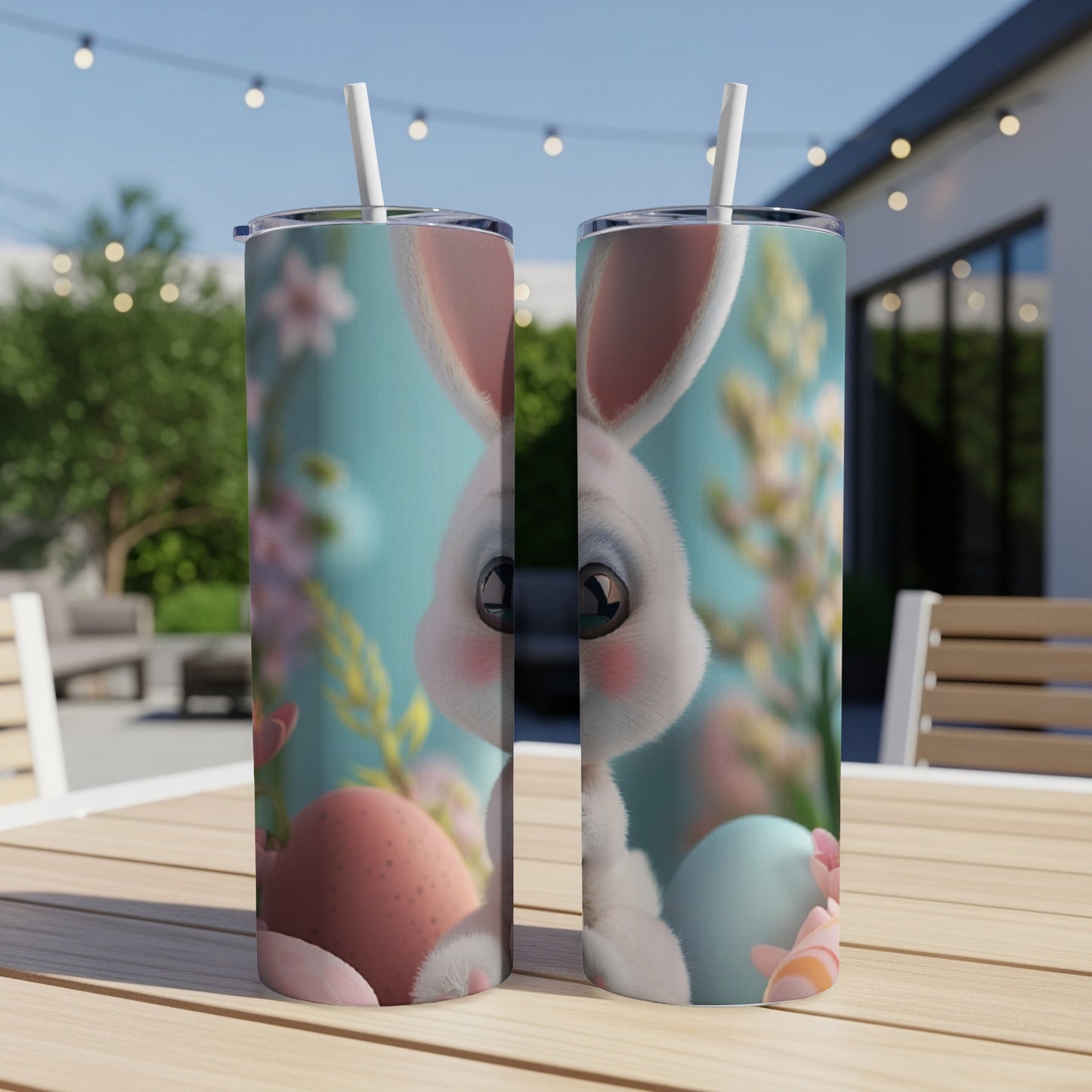 Two pink Easter bunny tumblers with floral and egg designs on a wooden table.