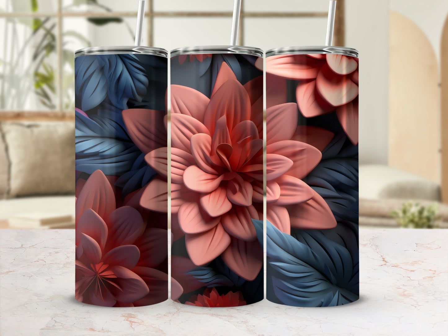Floral Print Tumbler with Straw Ideal for Hot and Cold Drinks