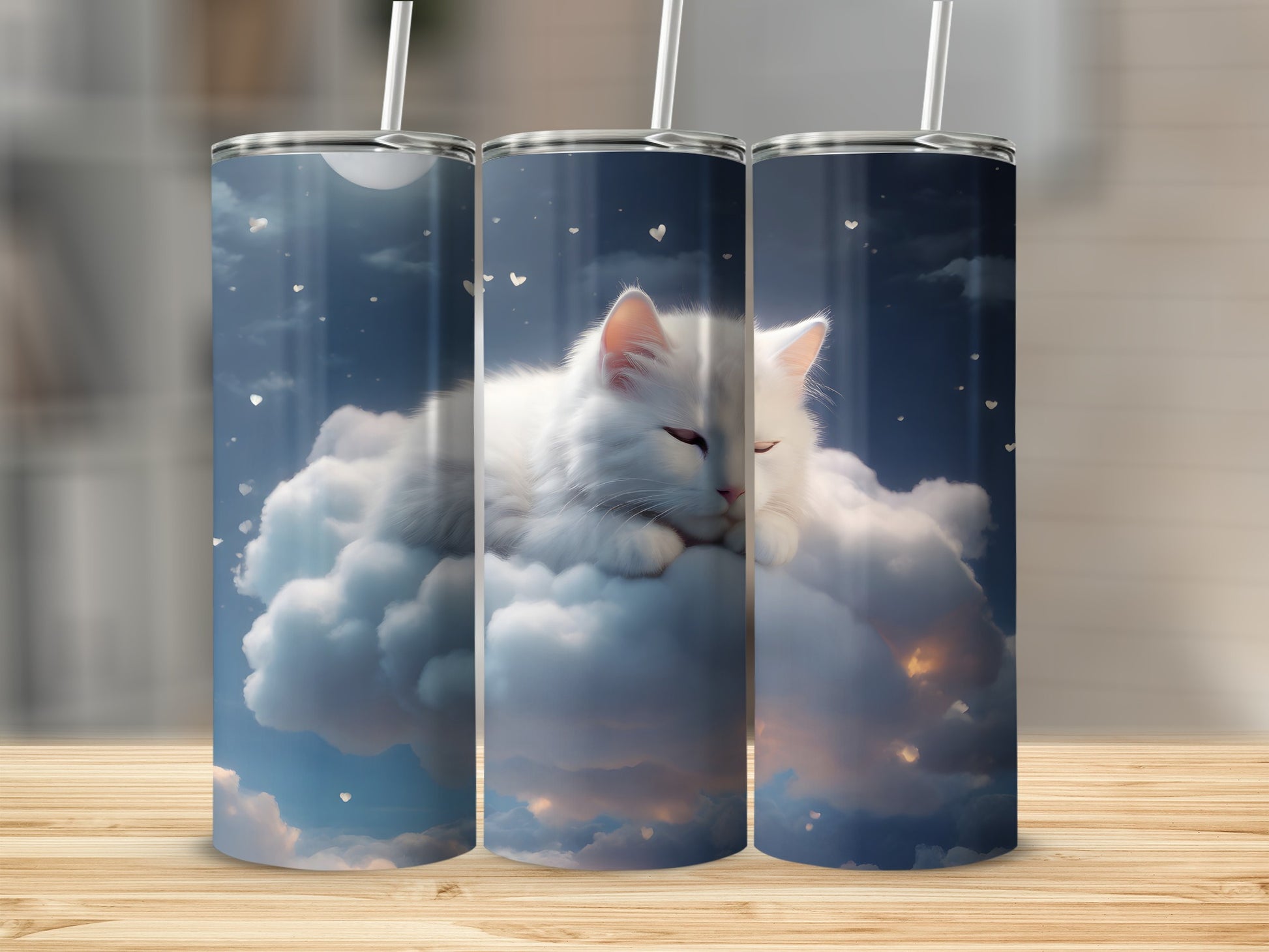 White cat sleeping on a cloud with hearts and moon.